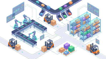 Fototapeta premium Isometric Smart Warehouse and Automated Factory Production Line with Robotic Arms, Forklifts, and Logistics Data Analytics for Industrial Digital Transformation and Supply Chain Management