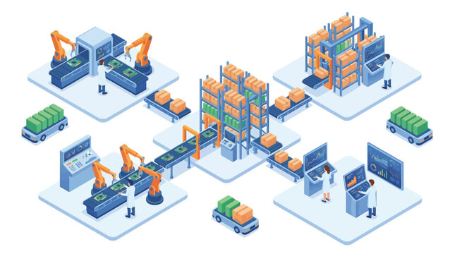 Isometric Smart Factory Production Line with Robotic Arms, Automated Warehousing and Industrial Automation for Digital Manufacturing and Logistics Optimization