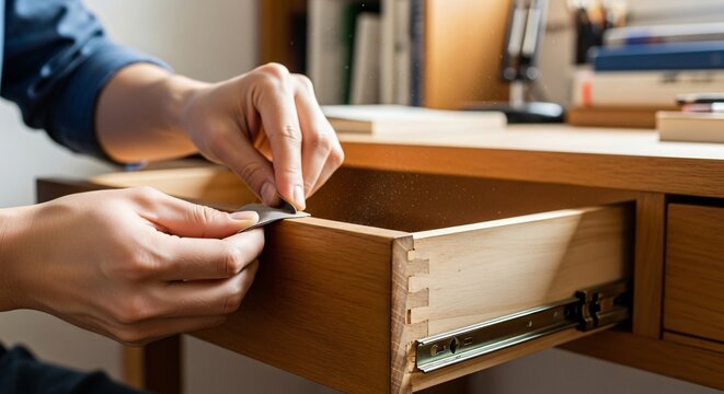 Person assembling furniture drawer with hands on wooden desk indoors