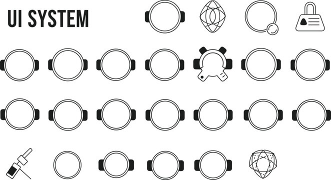 Circular user interface elements icon set in minimal outline style featuring futuristic dashboard components for web apps and digital systems