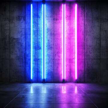 Vibrant blue and pink neon tubes illuminate a grunge concrete wall and reflective tiled floor in a dark room