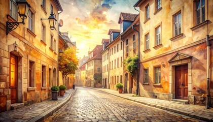 Fototapeta premium Cobblestone street lined by colorful buildings under a radiant sunset