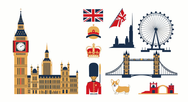UK themed flat vector collection of London landmarks and symbols on white background