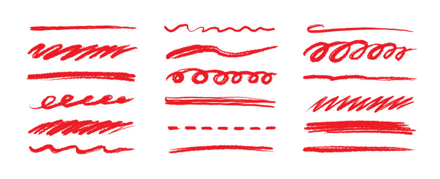 Line pencil red brush set. Line red underline brush pencil pen hand drawn stroke marker highlight.. Doodle scribble ink sketch strike through note sign texture grunge. Vector illustration
