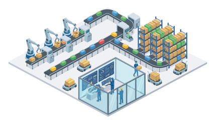 Fototapeta premium Isometric Smart Factory Production Line with Robotic Arms and Warehouse Logistics for Industrial Automation and Supply Chain Management Concept
