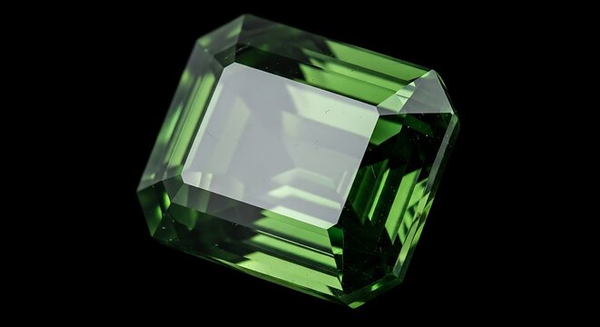 Rectangular, emerald-cut gemstone glows brightly against a dark, featureless backdrop