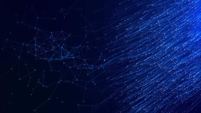 Cybersecurity Digital information Big data light speed direct flow to right. Abstract digital data stream of quantum computing. Cyberspace of qubit trails. Modern tech information transmission.