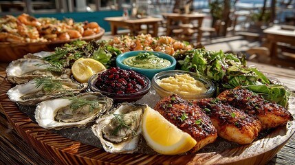 Obraz premium Fresh seafood platter with clams, oysters and shrimp on ice, outdoor seaside setting with natural sunlight and vibrant coastal atmosphere