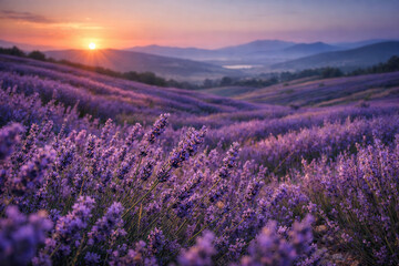 Fototapeta premium Wonderful nature landscape, amazing sunset scenery with blooming lavender flowers. Moody sky, pastel colors on bright landscape view. Floral panoramic meadow nature in lines with trees and horizon