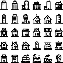 Fototapeta premium Architectural Icons: A collection of various architectural icons, each representing a unique building design, arranged in neat rows. the image showcases the diversity of structures