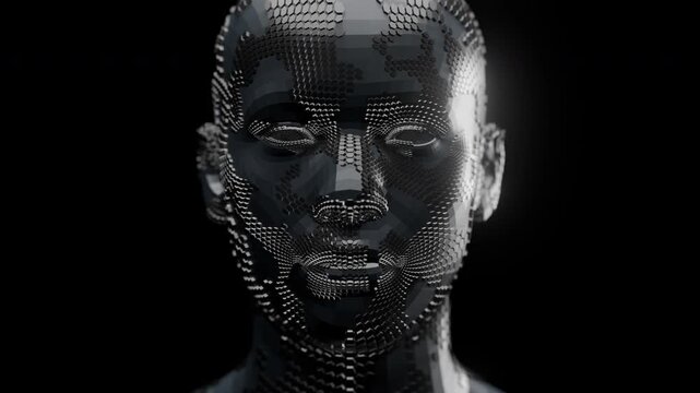 Futuristic Humanoid AI Face in Darkness, Metallic Digital Robot Head