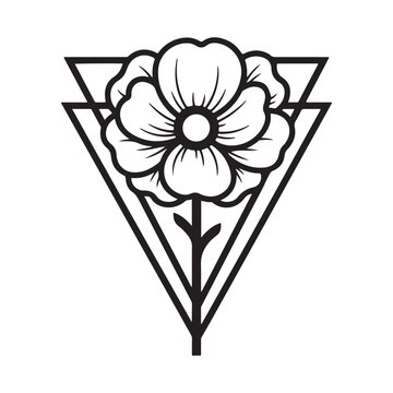 Black and white line drawing of a flower in a triangle isolated on white background