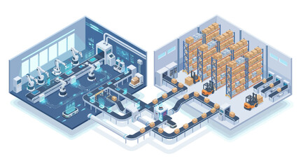 Obraz premium Isometric Smart Factory and Automated Warehouse Illustration with Robotic Arms and Conveyor Belts for Industry 4.0 Digital Transformation Concepts