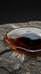 Obraz premium Macro view of thick oil spill with iridescent rainbow reflection on dark rock representing pollution