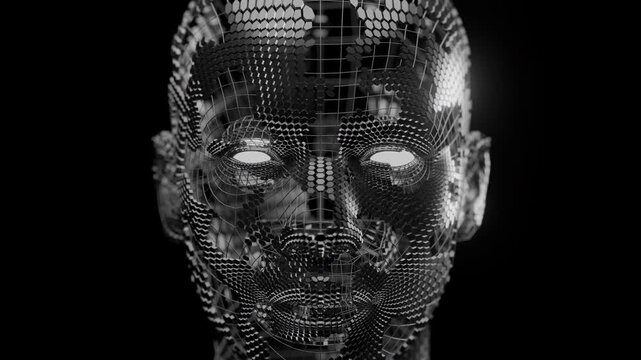 Futuristic Humanoid AI Face in Darkness, Metallic Digital Robot Head