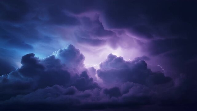 Celestial Drama: A dramatic display of nature's power unfolds as ominous clouds dominate the sky, punctuated by flashes of light and the potential for a brewing storm. Generative AI.