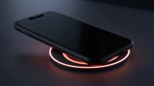 Wireless charging technology: A modern black smartphone seamlessly rests upon a sleek wireless charging pad. The device, emitting a soft, warm glow. Generative AI.