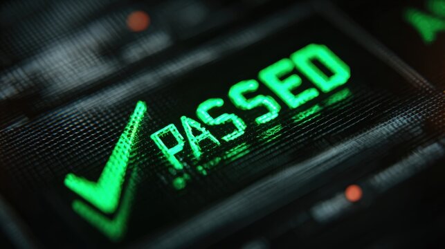 An illuminated PASSED sign indicates a successful completion of an examination or process, a symbol of validation and achievement. ..Created with Generative AI, not depicting real subjects.