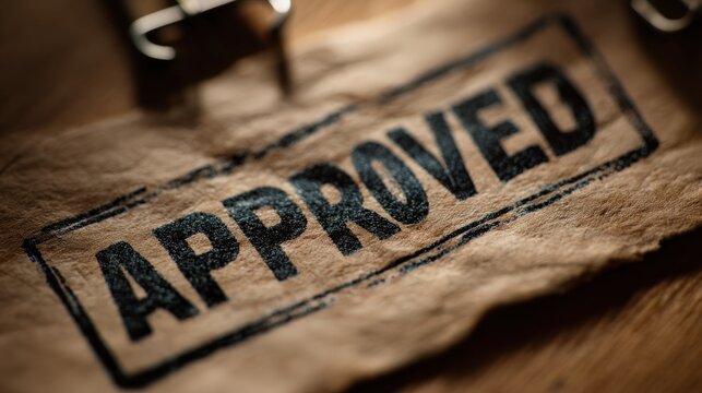 The word APPROVED prominently stamped on a weathered piece of paper, symbolizing confirmation and official endorsement in a close-up shot. ..Created with Generative AI, not depicting real subjects.