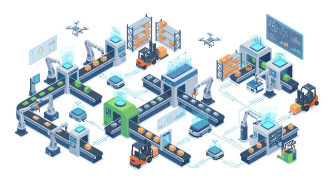 Isometric Smart Factory Automation with Robotic Arms, Conveyor Belts, and AI Logistics for Industry 4.0 Digital Transformation and Modern Warehouse Management