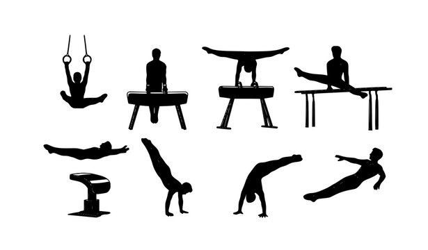 Male artistic gymnastics silhouettes vector set with athletes performing apparatus poses black icon collection