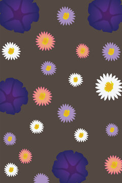 Aster and Morning Glory Seamless Floral Pattern on Brown Background. Executed in a modern flat illustration style, the artwork is versatile for branding, stationery, packaging, and textile design.