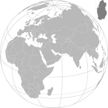 World vector map with country boundaries and graticules (Qatar-centered view, orthographic projection, PPT-compatible & fully editable)	