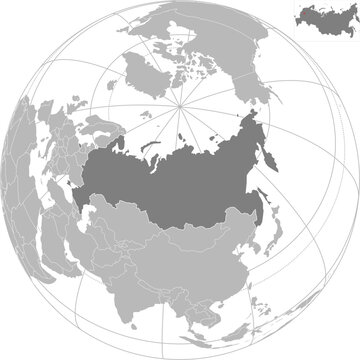 World vector map with country boundaries and graticules (Russia-centered view, orthographic projection, PPT-compatible & fully editable)	