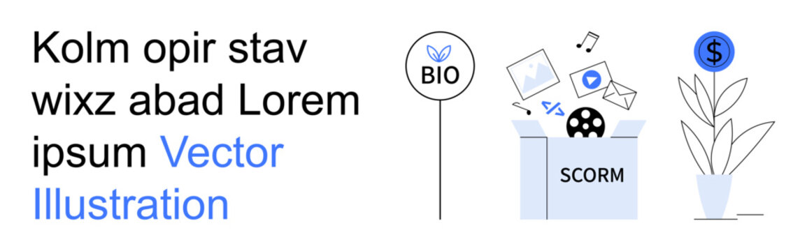 E-learning, sustainability, digital assets, SCORM content storage, finance management, and education. A SCORM box with multimedia icons and a growth plant. E-learning and digital assets concept