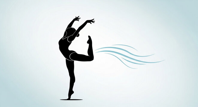 Woman in dynamic yoga pose with flowing lines symbolizing balance and harmony in fitness and wellness routine