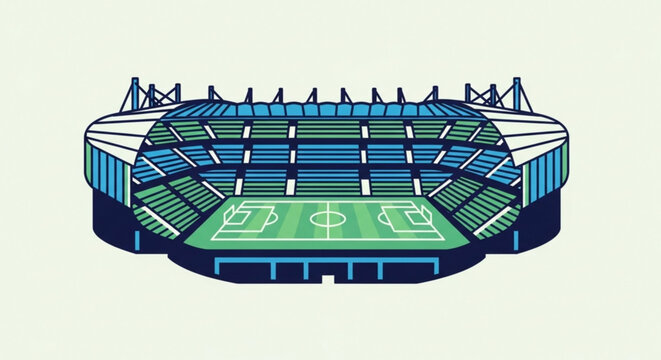 Empty soccer stadium with green field and blue seats illustration of sports venue
