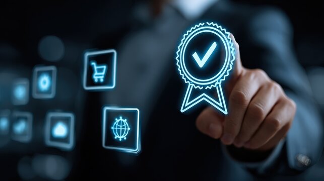 A person's finger hovers over a badge, as if affirming quality, trust, or the act of approving. ..Created with Generative AI, not depicting real subjects.