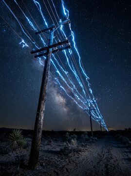 Electricity Arcs on Utility Poles under Starry Night Sky