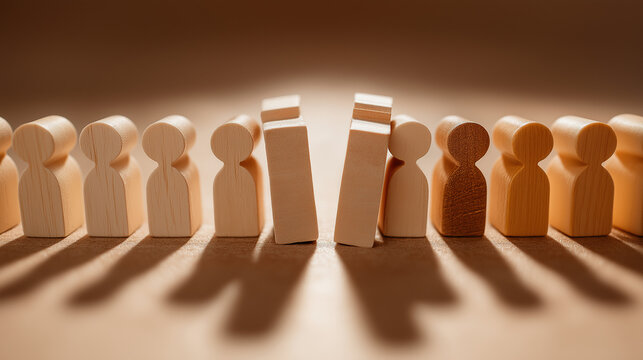 Wooden blocks forming barrier between two groups of figures symbolizing division segregation exclusion discrimination social conflict inequality and separation