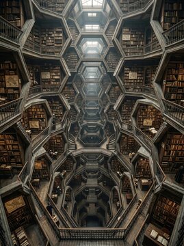 Grand Hexagonal Library Interior with Endless Bookshelves
