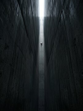 Narrow Concrete Canyon with Lone Figure in Dramatic Light