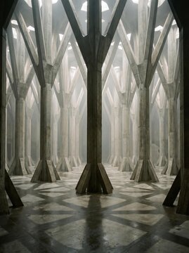 Futuristic Concrete Forest Interior with Geometric Columns