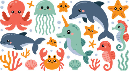 Cute kawaii sea animals vector illustration set with octopus dolphin jellyfish crab starfish narwhal seahorse and seashells design © md siam ali 