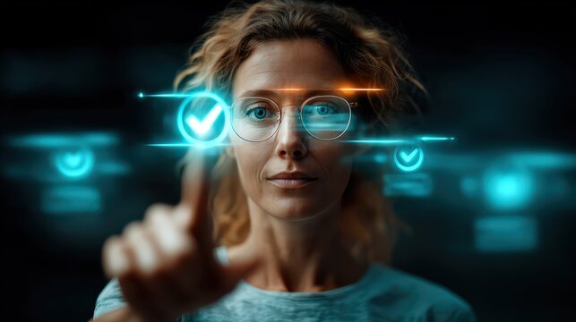 Futuristic woman interacts with digital interface. ..Created with Generative AI, not depicting real subjects.