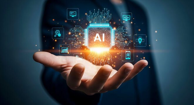 A hand holding a glowing ai chip with circuit board in the background