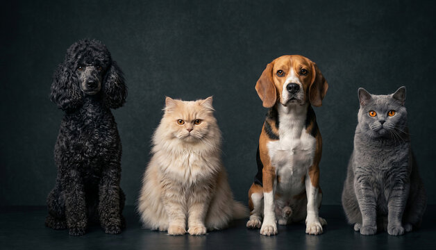 Four animals sit together on a dark background with dog and two cats