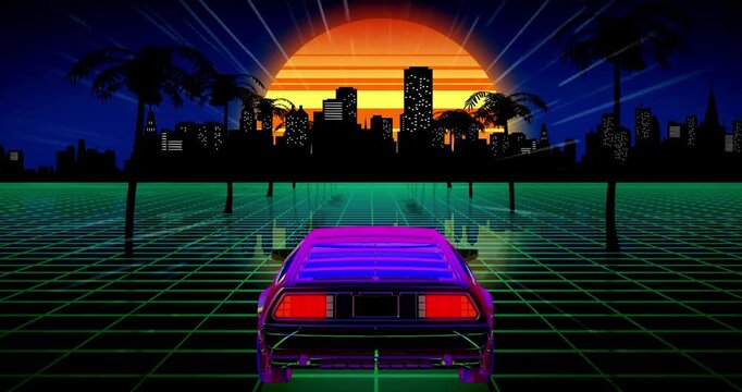 retro neon sunset skyline city 80s vaporwave scifi abstract background music sci fi futurism