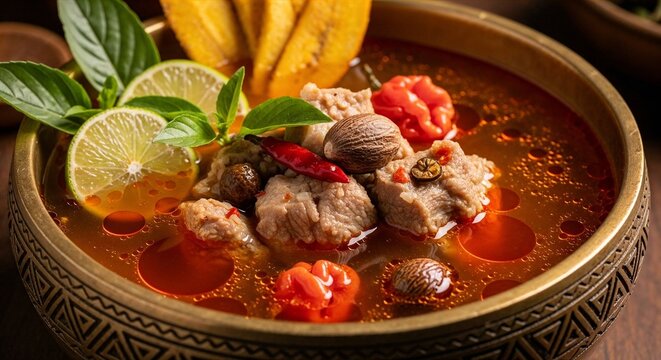 Equatoguinean pepper soup with goat meat and spices in aromatic amber broth