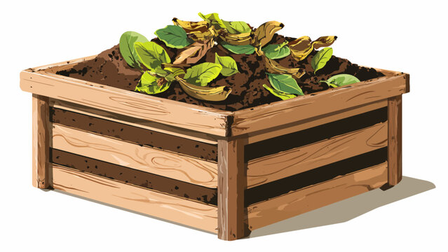 Colorful graphic depicting a backyard compost bin with organic waste, symbolizing sustainable soil enrichment