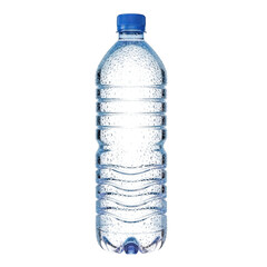 Naklejka premium Clear plastic water bottle with cap standing upright, isolated on transparent background