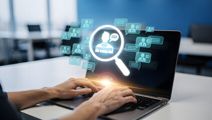 Naklejka premium Searching for the Best Candidate Through an Online Platform on a Laptop in a Modern Office Setting