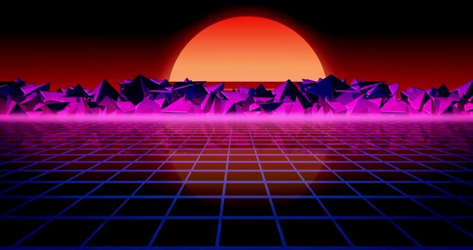 retro neon sunset skyline city 80s vaporwave scifi abstract background music sci fi futurism