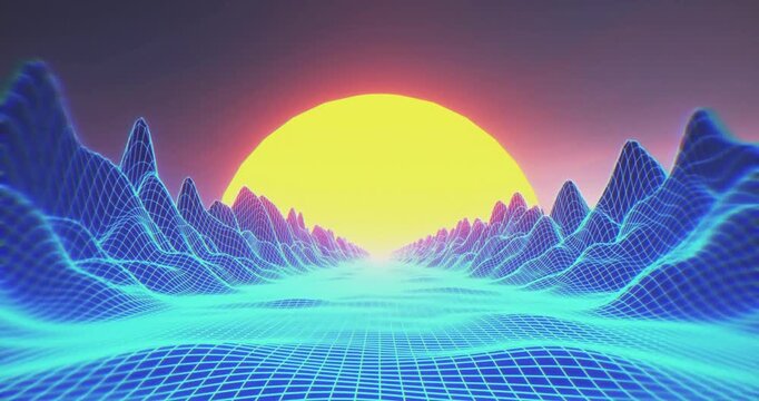 retro neon sunset skyline city 80s vaporwave scifi abstract background music sci fi futurism