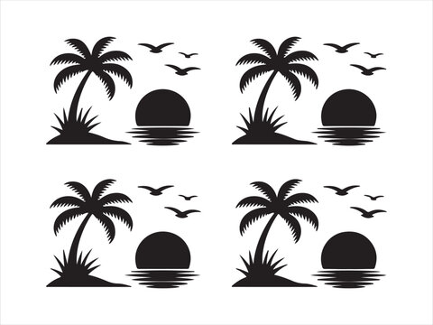 Set of 4 tropical island silhouettes with palm trees, birds and sun flat vector, black summer vacation landscape nature icon design collection