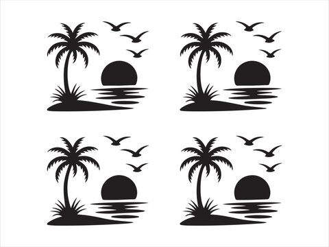 Set of 4 tropical island silhouettes with palm trees, birds and sun flat vector, black summer vacation landscape nature icon design collection